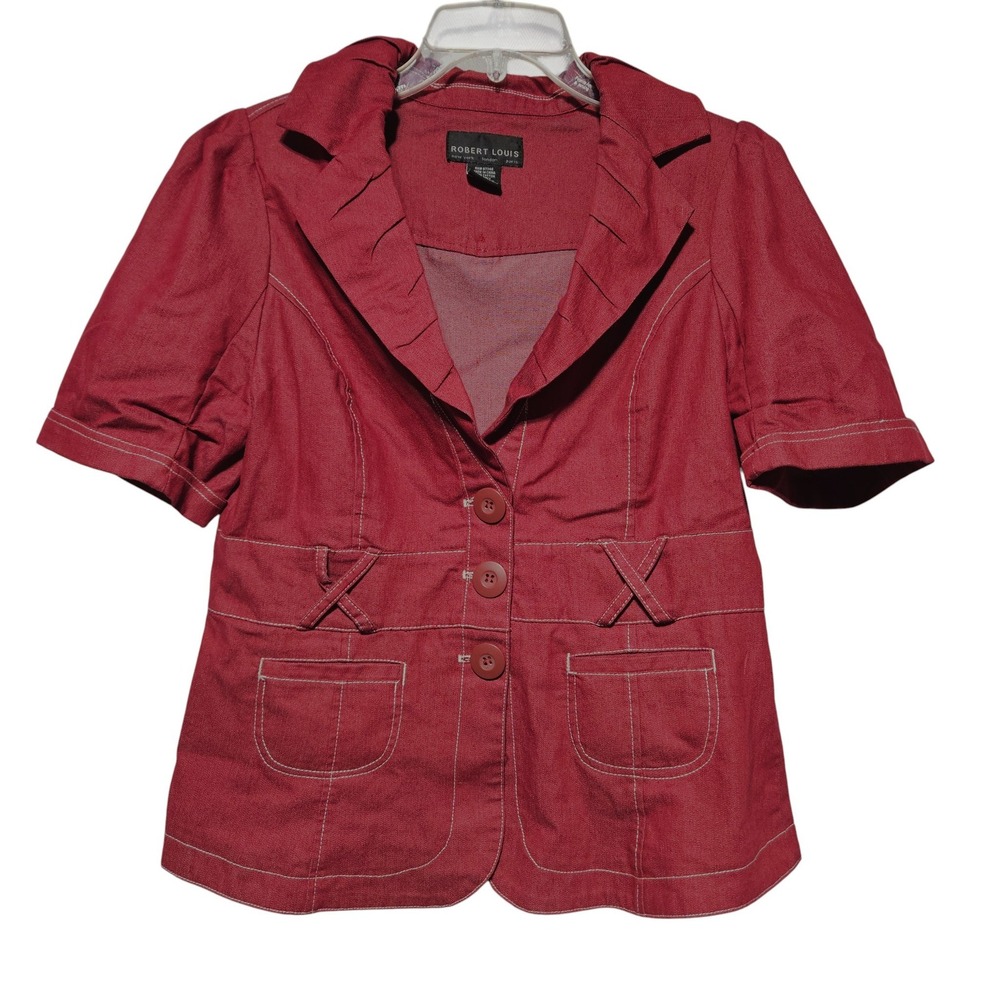 Robert Louis Women's Red Denim Short‎ Sleeve Blazer Jacket Medium Western Goth
